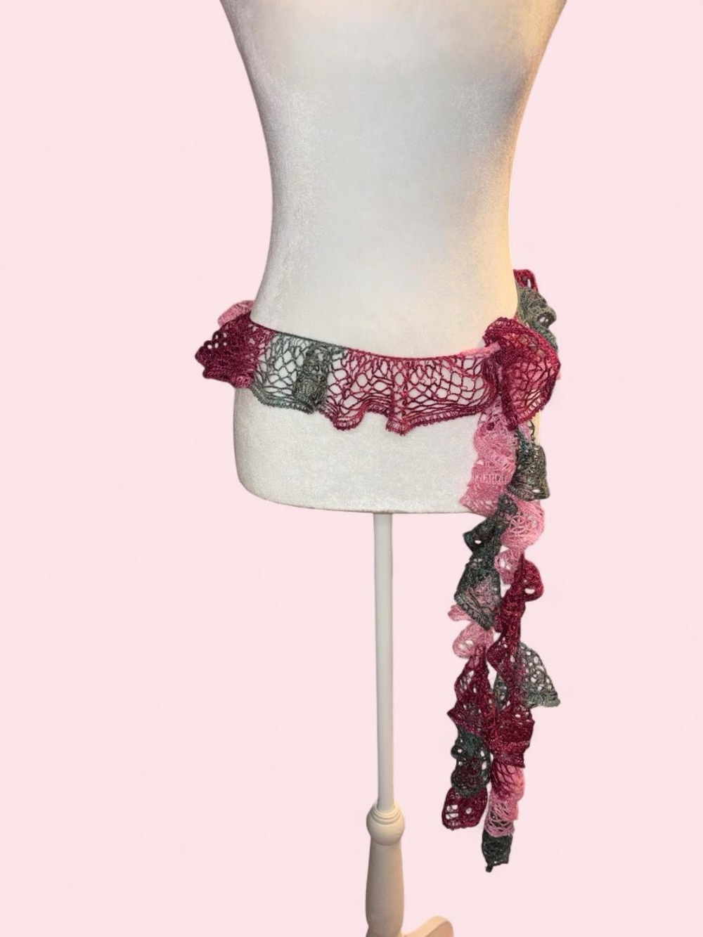 Handmade Pink & Gray Ruffle Knit Scarf Belt